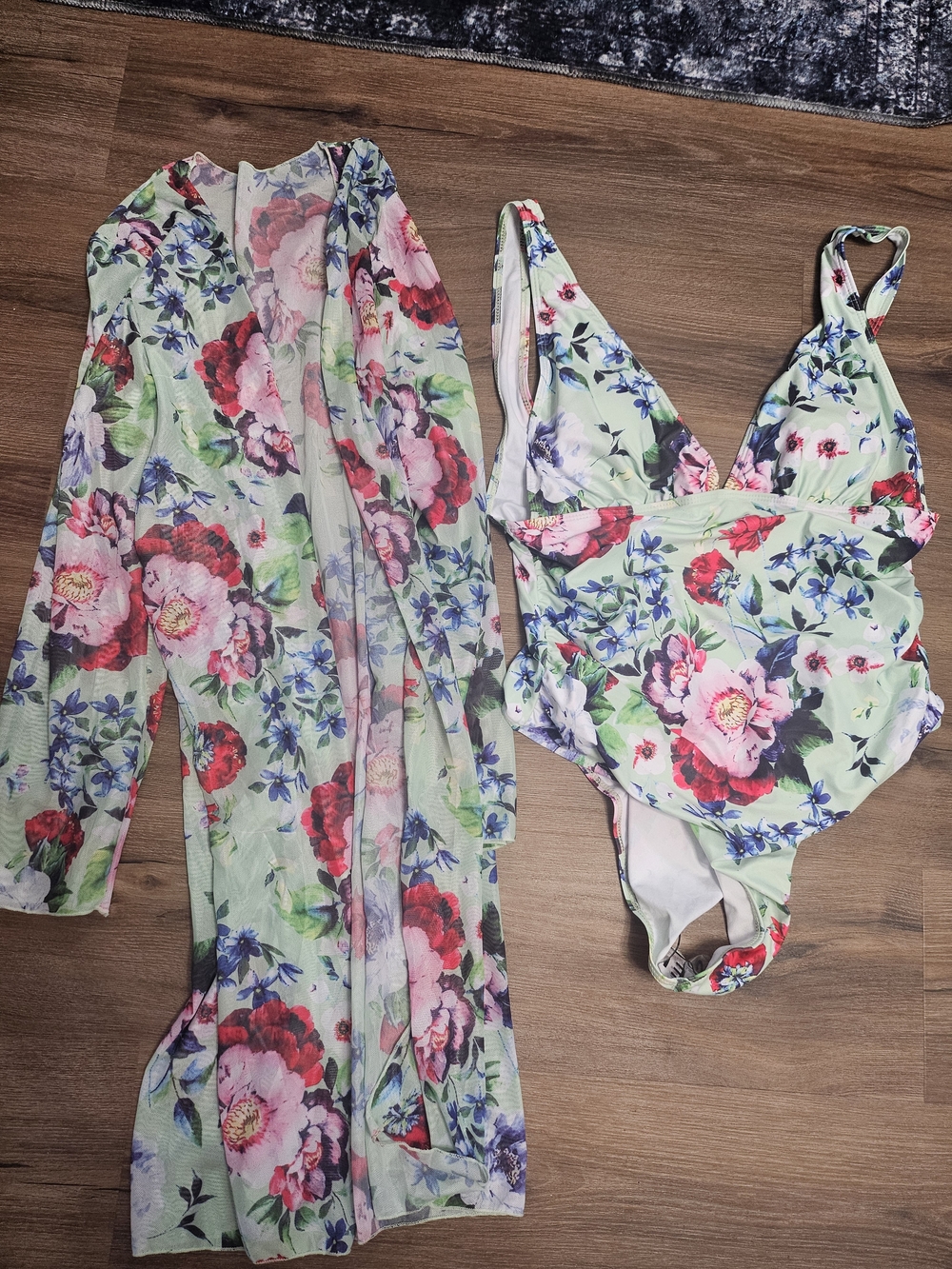SHEIN Mint Floral One-Piece Swimsuit with Sheer Cover-Up